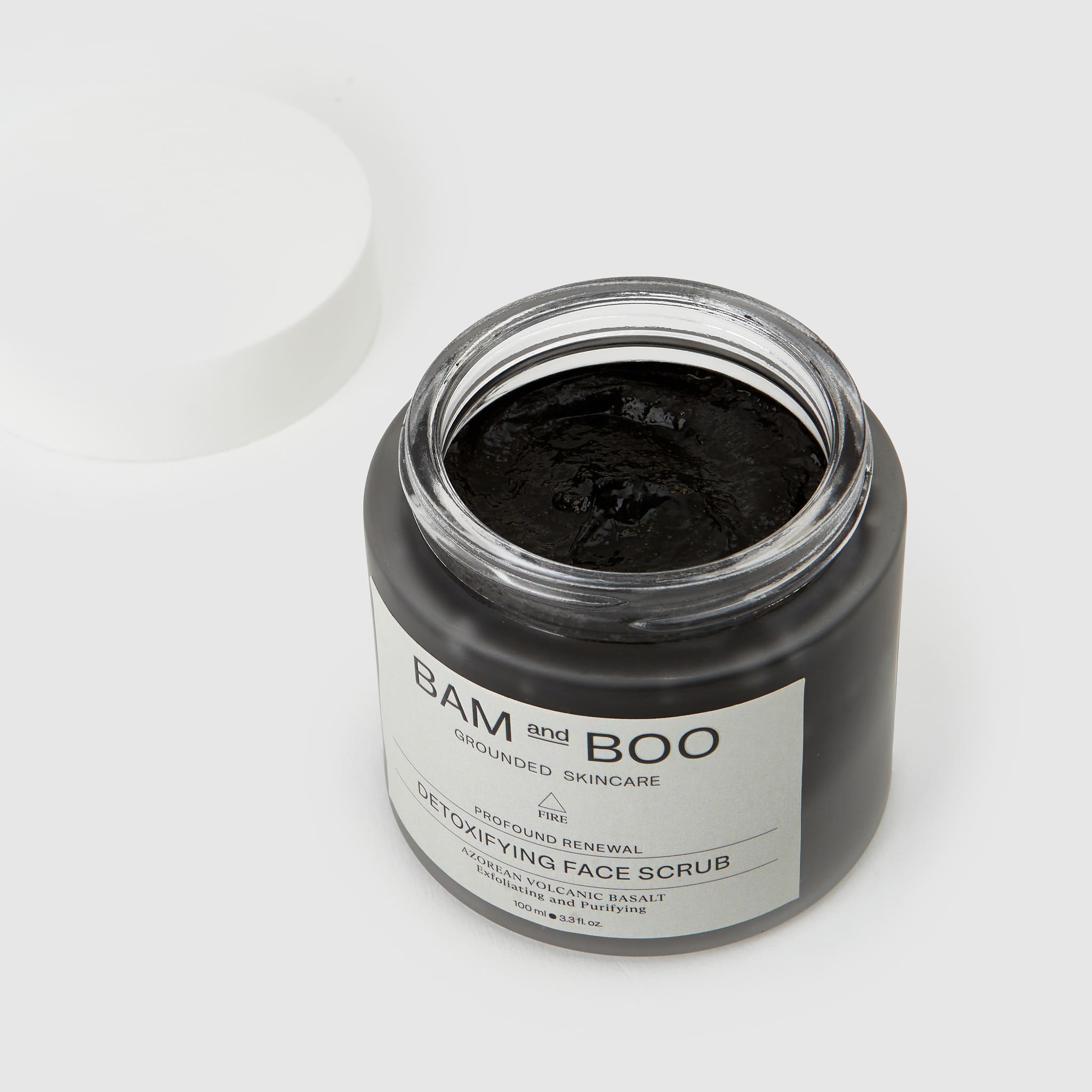 Volcanic Basalt Face Scrub - Pack Shot Product Open Jar Texture - BAMandBOO Grounded Skincare Azores